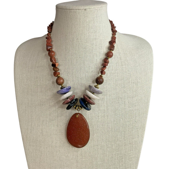 Goldstone Bead Necklace with Large Pendant & Natural Stone Accents - Picture 1 of 13